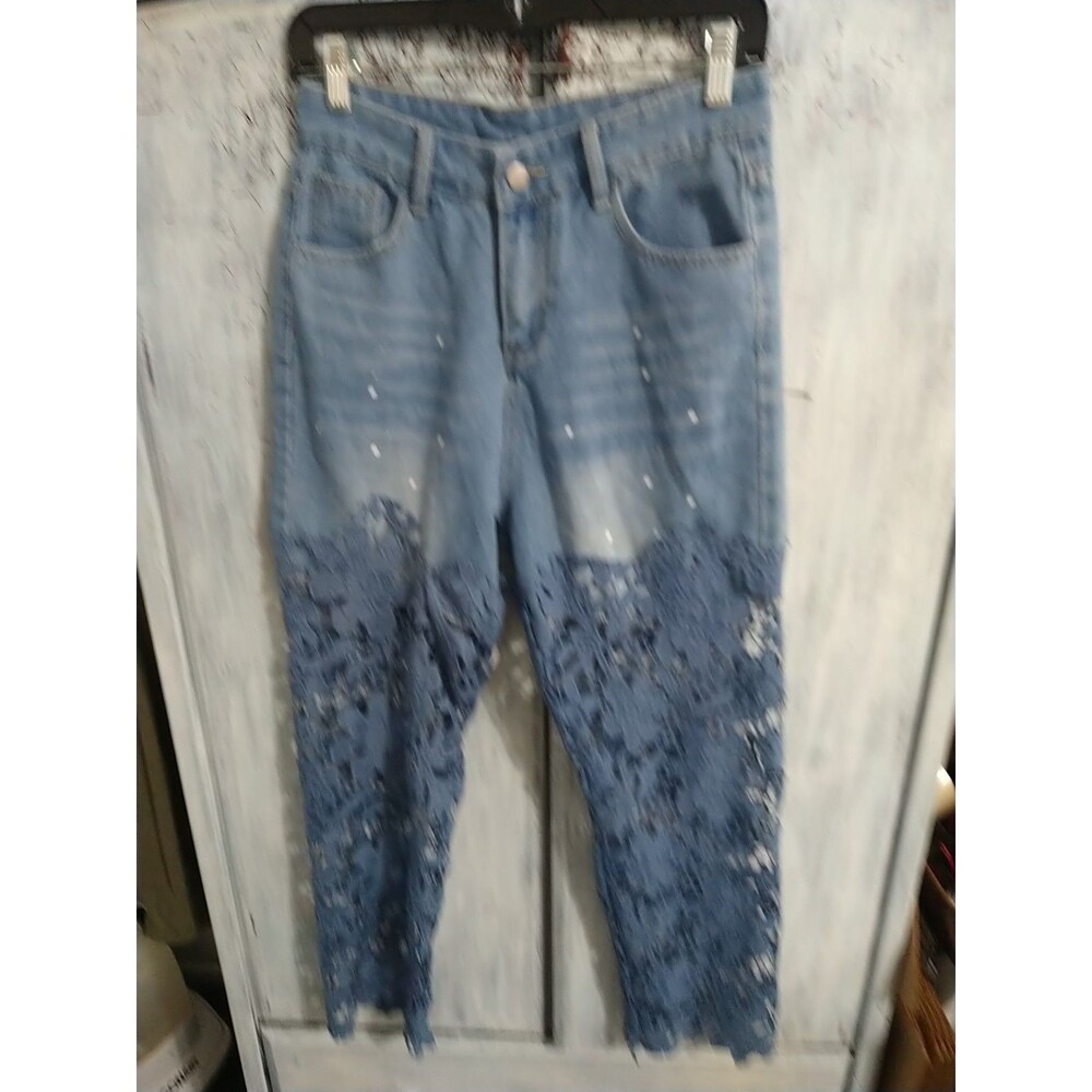 Blue Crochet Leg Jeans Boho Cottage Core Feminine